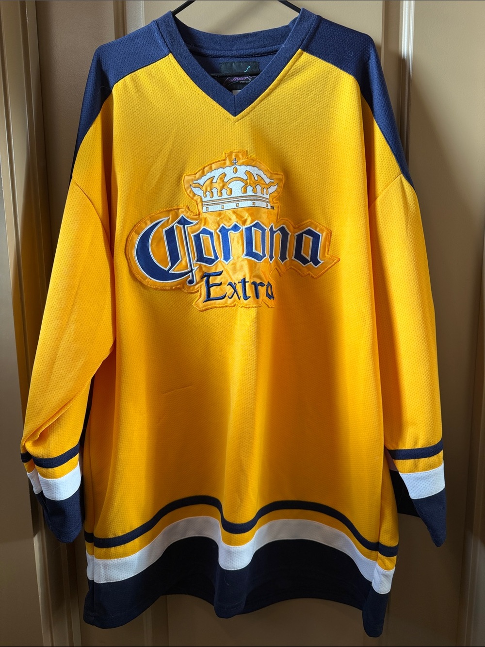 Vintage Corona Yellow and Navy Hockey Jersey with Crest Logo